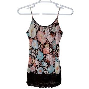 Vanity Y2K Tank Top Cami Women's Medium Brown Floral Lace Base Layer Preppy GUC